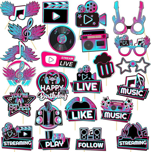 24 Piece Music Photo Booth Props, Disco Musical Theme Short Video Party Supplies,Music in My Era Party with Stick Props Kit Happy Birthday Table Toppers Sign Decorations