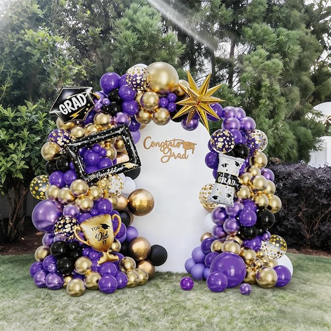 141Pcs Purple Gold Black Graduation Balloon Garland Arch Kit,with Explosion Star,Diploma,Trophy,Grad Hat,Photo Frame Foil Balloon for Congrats Class of 2026 Graduates Celebration Party Decoration