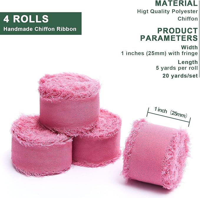 4 Rolls Rose Red Handmade Fringe Chiffon Silk Ribbon 1" W x 5Yd Per Roll,Frayed Edges Ribbon Set for Gifts Wrapping,Wedding Invitations,Bouquets,DIY Crafts (1" x20Yd, Rose Red)