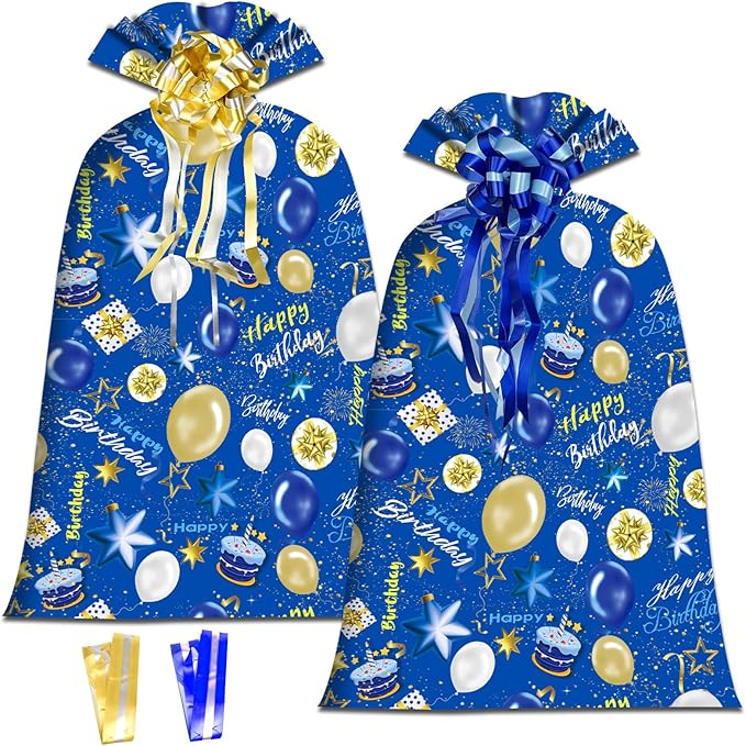 OILCUP 2 Pcs Large Gift Bags Oversized Plastic Storage Bags 48"x 36" with 2 Pcs Pull Flowers for Large Birthday Gift Wrapping, Kids Bike Gift Bags, Birthdays, Parties, New Parents Baby Showers