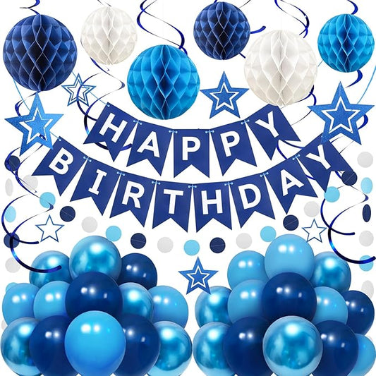 ZERODECO Birthday Decorations, Easy to Assemble Blue Happy Birthday Banner with Honeycomb Ball, Balloon, Hanging Swirl Streamer, Garland, Happy Birthday Party Decorations for Women Men Boys Girls