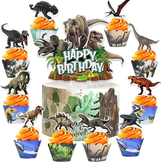 Dinosaur Cake Toppers & Decorations - 49 Pcs, Cupcake Wrappers, Baby Shower & Kids Party Supplies