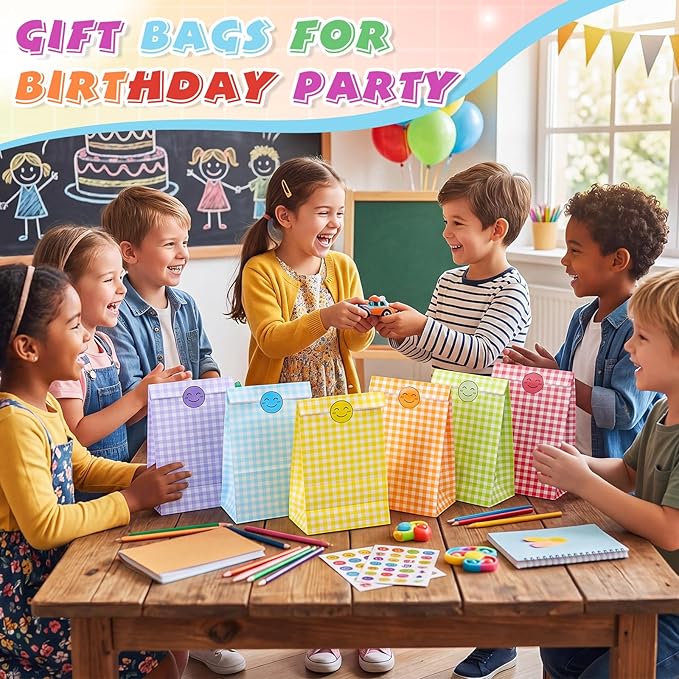 Nezyo 60 Pcs Pastel Gingham Paper Gift Bags with Stickers for Party 5.1 x 3.1 x 9.4 Inches Colorful Rainbow Paper Candy Bag for Party Favor Wedding Birthday Candy Snack DIY Goodie Treat (Plaid)