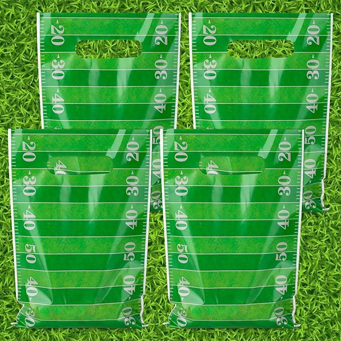 Hxezoc 50 Pieces Football Gift Bags with Handle, Plastic Treat Candy Bag Sport Favor Bags with Gridiron For Kids Birthday Party Decoration Supplies