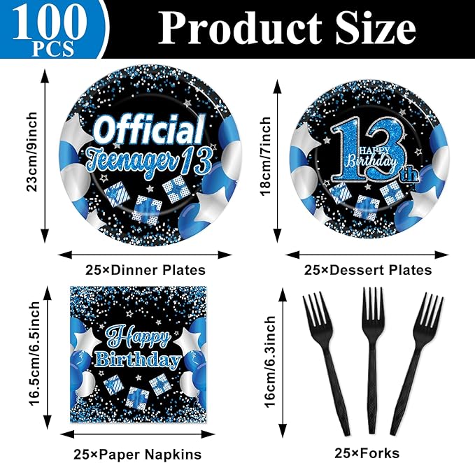Qyeahkj 100 Pcs 13th Birthday Decorations for Boys Official Teen Supplies Plate Napkin Forks Set Disposable Blue 13th Birthday Tableware Paper Plates Dinnerware for Kids Teenager Favors Serve 25