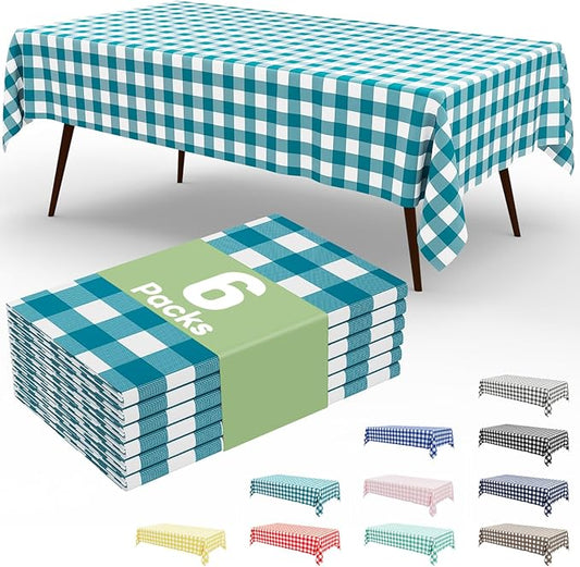 Smiry 6 Pack Turquoise Gingham Disposable Tablecloths - 54" x 108" Heavy Duty Plastic Table Cloth, Waterproof Buffalo Plaid Table Covers for Picnic, Banquets, Outdoor Parties