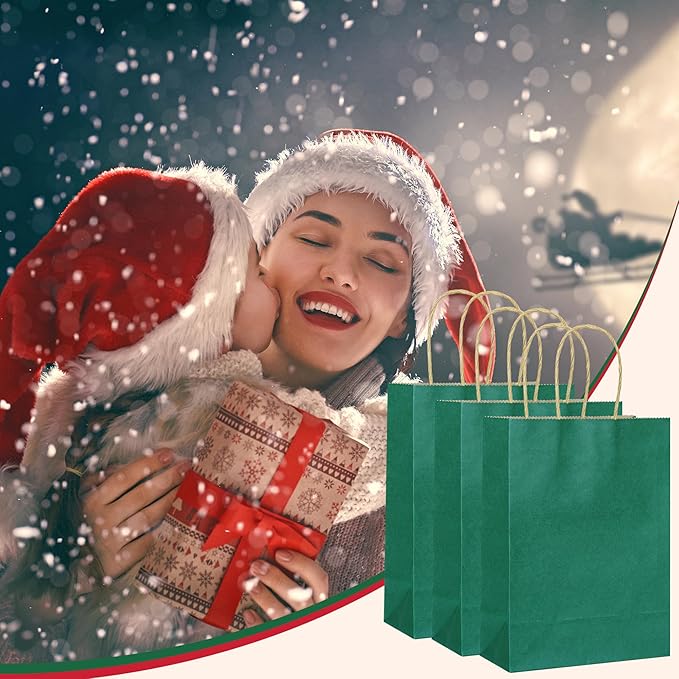 25 PCS Small Gift Bags Kraft Paper Bags with Handles for Party Favor (Dark Green, 8.2 x 6 x 3.1 in)