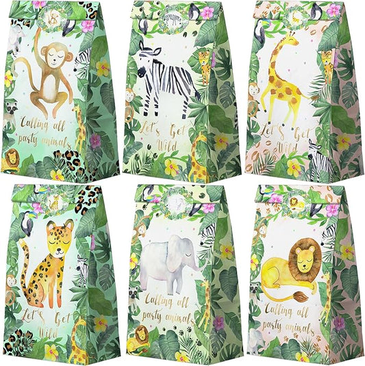 Watercolor Safari Party Favor Bags - 24 Pcs Jungle Party Candy Bags with Stickers - Jungle Goodie Gift Treat Bags - Watercolor Safari Themed Birthday Party Supplies