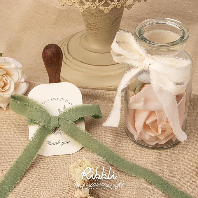 Ribbli 3 Rolls Green Ribbon 5/8 Inch x 18Yards Ivory Sage Moss Handmade Cotton Frayed Fringe Ribbons for Gift Wrapping Wedding Invites Bridal Bouquets Baby Shower DIY Crafts Home Decor