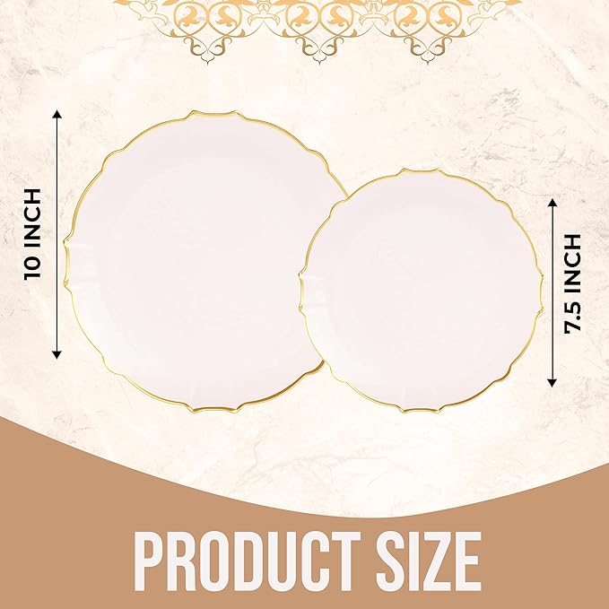 Exquisite Tinted Plates - 80 Piece Plastic Disposable Party Set for 40 Guests - 40 X 7.5 Dessert & 40 X 10 Thin Delicate Fancy Plates - Coral Peach with Gold Rim