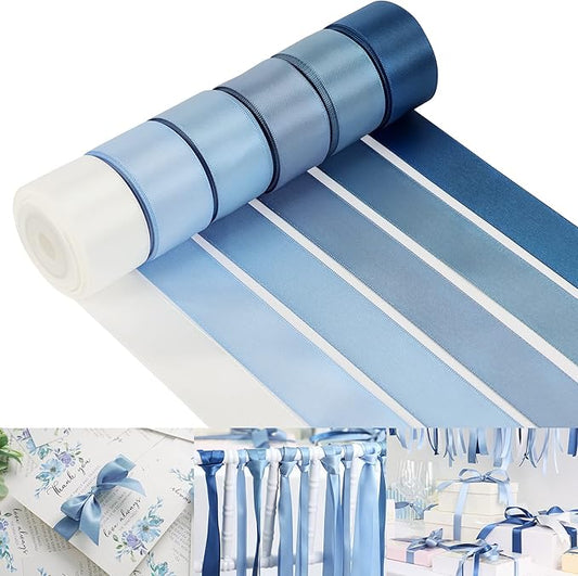 HUIHUANG Dusty Blue Ribbon Set Double-Faced Satin Ribbon 1 inch Dusty Blue Wedding Ribbons for Flower Bouquet Wedding Bridal Shower Baby Shower Decor Hairs Gift Wrap Crafts- 6 Color X 5 Yards Each