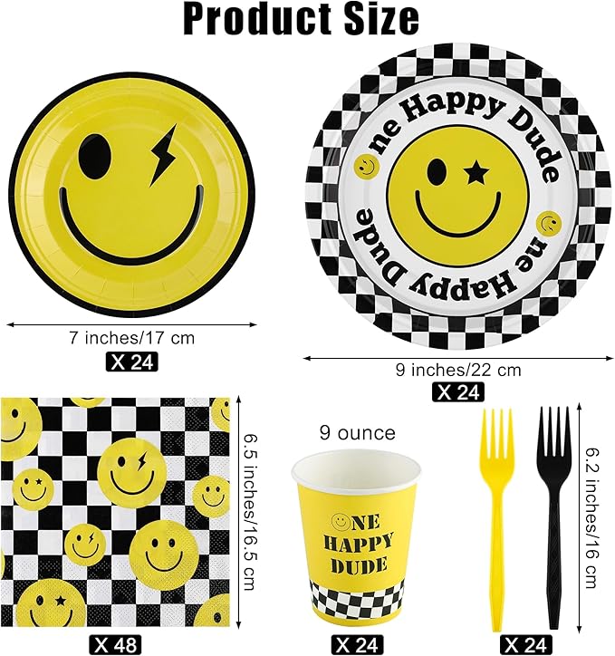Kochorie 144 Pieces One Happy Dude Party Tableware Sets including Disposable Plates Napkins Cups Forks Serves 24 for Smiley Face 1st Birthday Preppy Party Decorations