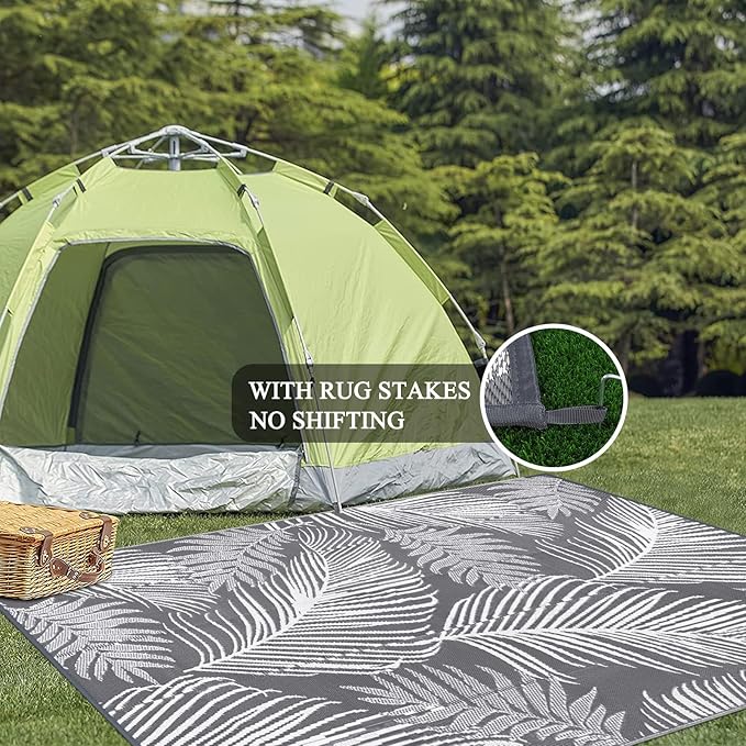 Pauwer Waterproof Outdoor Rug 6x9, Reversible Plastic Straw Patio Camping Rug, Indoor Outdoor RV Mat Carpet for Deck, Camper, Porch, Balcony, Backyard, Picnic, Leaf Grey