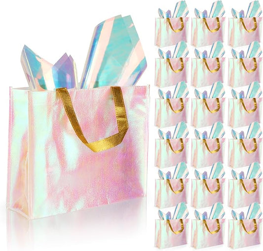 20 Pack Iridescent Gift Bags, Holographic Reusable Iridescent Party Favor Gift Bags With Handles And Tissue Paper, 13 x 5 x 11 Inch Large Size Pink Bridesmaid Tote Bags, For Wedding Birthday Holiday