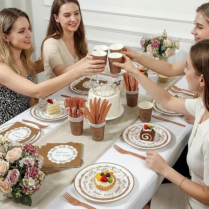 144Pcs Boho Birthday Party Supplies Decorations Brown Flower Paper Plates Napkins Vintage Party Tableware Disposable Dinnerware Set for Birthday Baby Shower Table Decor, Serve 24