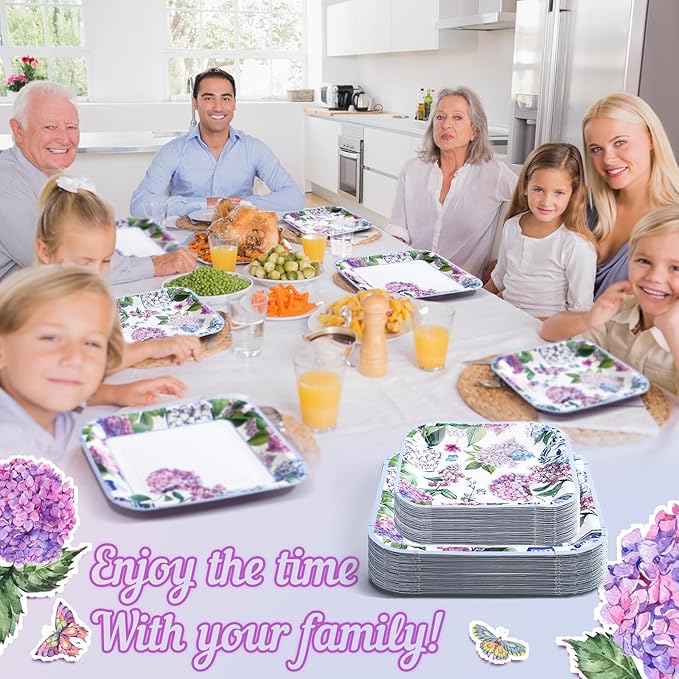 Umigy 100 Pcs Paper Plates Flower Dinner 9'' Floral Disposable Paper Plates 7'' Square Dessert Set for Dinner Birthday Wedding Baby Shower Party Tableware(Soft Color,Hydrangeas)
