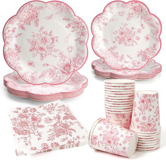 96pcs Pink Party Plates - Pink Flower Paper Plates, Cups and Napkins Spring Graden Dessert Plates for 24 Guests Party Table Supplies for Tea Party Baby Shower Brial Shower Birthday Wedding