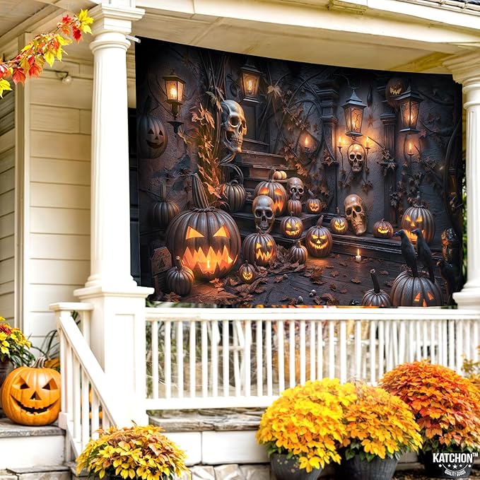 KatchOn, XtraLarge Spooky Halloween Backdrop - 72x44 Inch | Banner for Pumpkin Decorations | Photo Backdrop for Halloween Indoor, Outdoor | Pumpkin Banner for Summerween Decoration