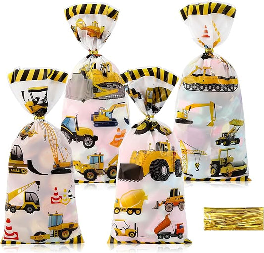 50Pcs Construction Party Favors Bags, Decorations, Cookie Goodie Candy Gift Bags, Truck Excavator Themed Cellophane Treat Bags With Gold Twist Ties for Boys Birthday Supplies