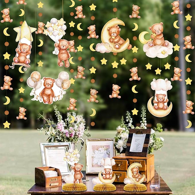 Teddy Bear Party Decorations Cream Tan Brown Boho Star Moon Bear Hanging Cutout Garland Streamer for We Can Bearly Wait Baby Shower Birthday Party Supplies Classroom Nursery Wall Ceiling Decor