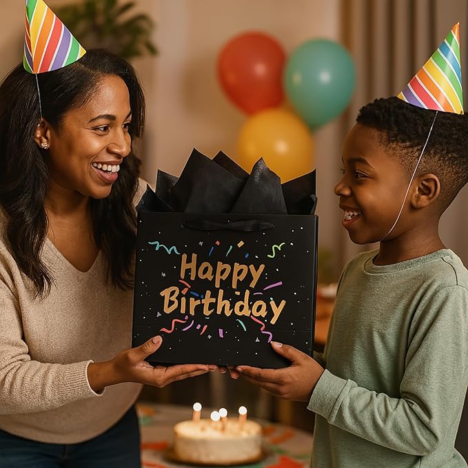 Febbleshow Black Birthday Gift Bags with Tissue Paper - Matte Finish with Gold Foil Lettering and Confetti Design - Birthday Party Gift Bag for Men Women Kids - 13"x10.3"x4.7" (Pack of 2)