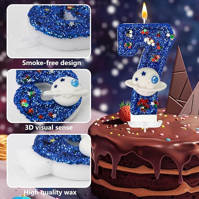 HXOUSE Spaceship Number 7 Birthday Candles - Planet Theme Birthday Candles for Cake - Astronaut Party Celebration Candles for Boys & Girls (Number 7)