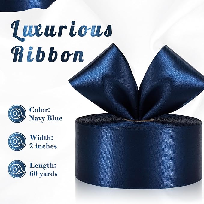 Navy Blue Ribbon 2 Inch 60 Yards, Deep Blue Satin Ribbon for Flower Bouquet, Crafts, Gift Wrapping, Baby Shower, Christmas, Easter, DIY Bows and Wedding