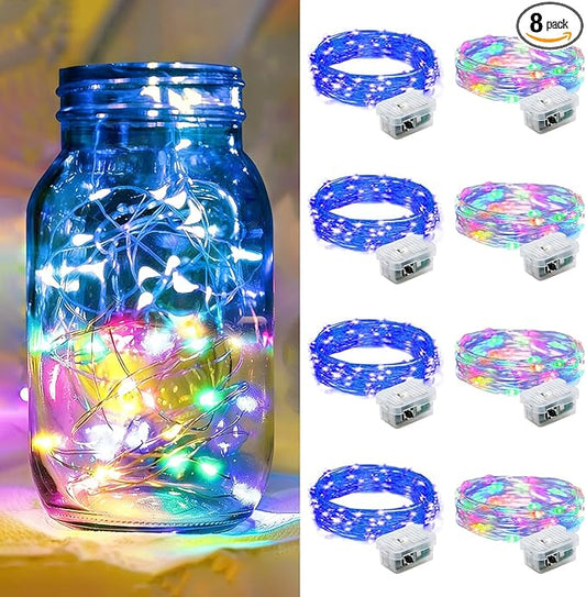8 Pack Fairy Lights 7Ft 20 LED Twinkle String Lights Battery Operated Waterproof Firefly Starry for Mason Jar Party Wedding Christmas Valentines Day,Rainbow + Blue