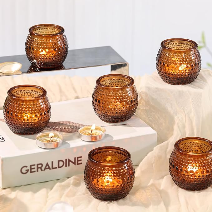 32 Pcs Amber Votive Candle Holders, Round Amber Glass Candle Holder with Polka Dot Embossed, Vintage Votive Candle Holders for Weddings, Home Decor, Baby Shower, Special Occasions
