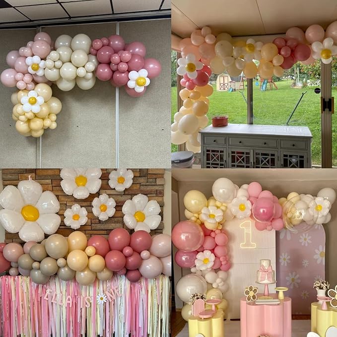 Daisy Balloon Garland Arch Kit,Retro Pink Sand White Hippie Boho Flower Balloons Garland For Birthday Baby Shower Bridal Wedding Groovy Party Decorations