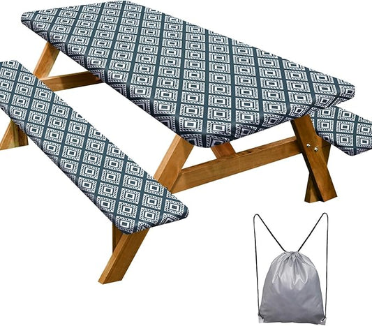 Play Tailor Picnic Table Cover with Bench Covers Camping Essentials Waterproof Windproof Camping Tablecloth with Drawstring Bag, Fitted Rectangle Tables and Seats, 72in, Blue Green Plaid