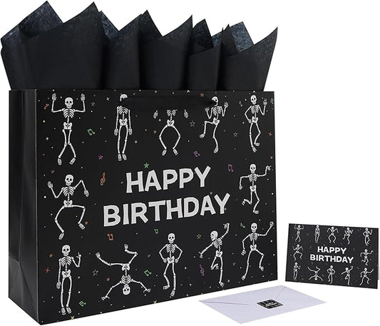 wishinside 16.5'' Extra Large Black Birthday Gift Bag Set with Handles, Greeting Card, Tissue Papers and Stickers for Men Boys Kids Teens for Birthday Party, 1 Pcs