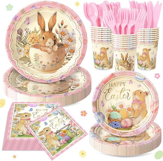168PCS Happy Easter Party Supplies, Bunny and Eggs Paper Plates Napkins Cups and Cutlery, Easter Floral Disposable Tableware for Holiday Decor, Spring Wildflower Party Decorations