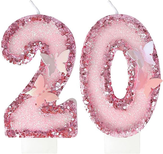 20Th Birthday Candles，Glitter Butterfly Cake Toppers Pink Sequins Wedding Numeral Cupcake Decorations，Suitable for Girl and Boy Wedding Cakes, Party Celebrations, Birthday Decorations (20)
