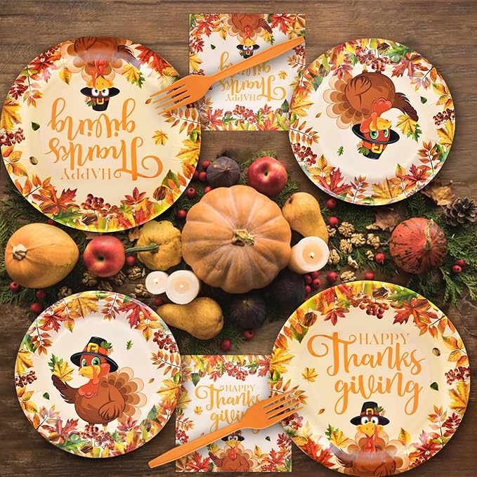 100 Pcs Thanksgiving Turkey Tableware Party Supplies – Disposable Fall Dinnerware Set with Paper Plates, Napkins, and Forks for Autumn Celebrations, Friendsgiving, and Thanksgiving Dinner – Serves 25