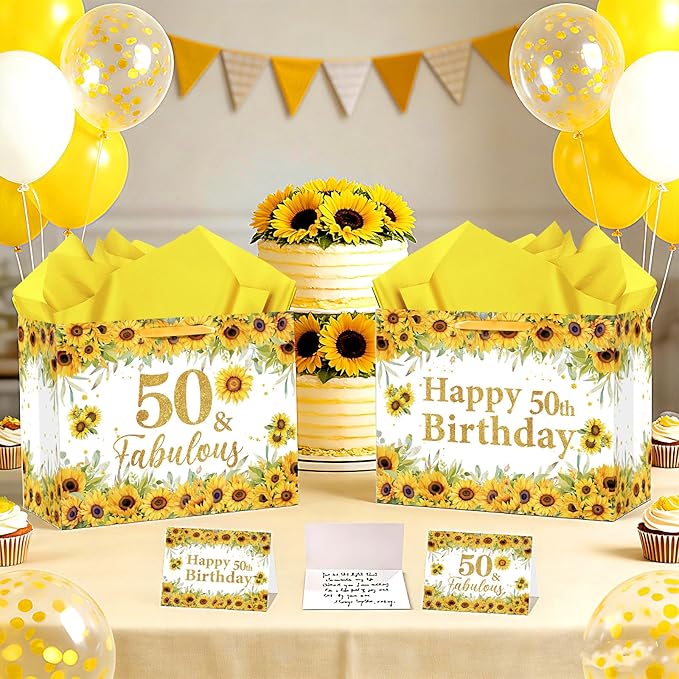50th Birthday Gift Bag for Women Sunflower 50 and Fabulous 50th Birthday Bag with Wrapping Paper and Card Sunflower 1976 Birthday Gift Wrap Paper Bags for Mom 50 Years Old Bday Anniversary Supplies