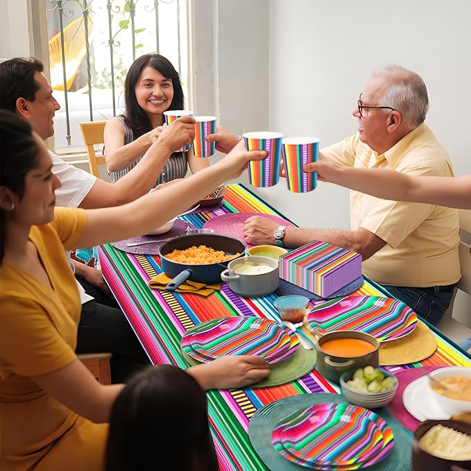 177 PCS Mexican Fiesta Party Supplies Fiesta Tableware Set Mexican Serape Paper Plates Napkins Cups Mexico Stripes Plastic Tablecloth for Cinco De Mayo Mexico Birthday Party