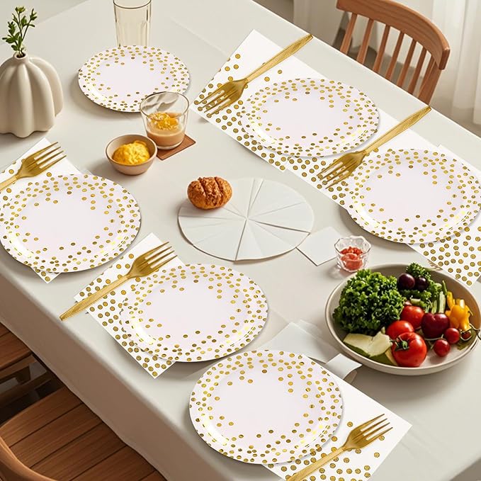 48PCS White and Gold Plates and Napkins Party Supplies, Gold Dot Disposable Party Paper Plates and Napkins with Forks Tableware Set for Wedding Baby Shower Birthday Decorations 16 Guests