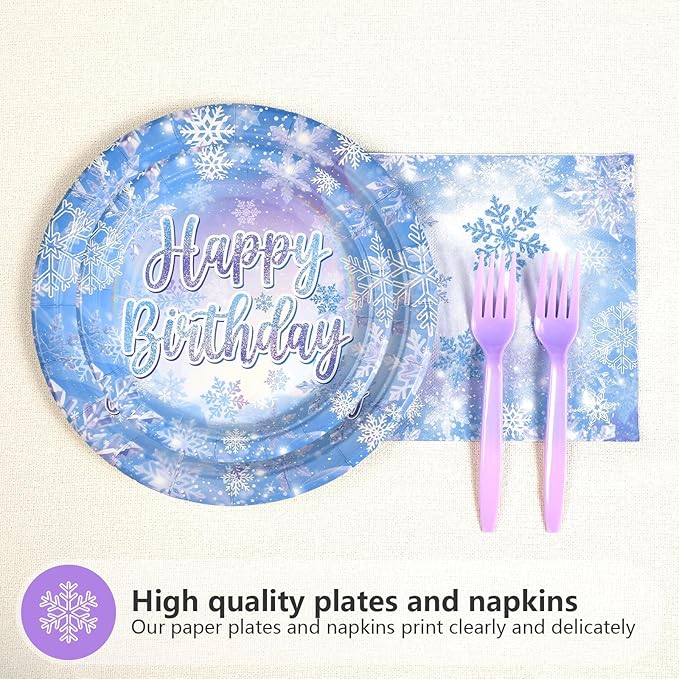 Grencian 96Pcs Frozen Party Supplies Plates Winter Onderland 5th Birthday Plates Winter Snowflake Happy 5th Birthday Tableware Disposable for Kids Girls Frozen Themed Party Christmas