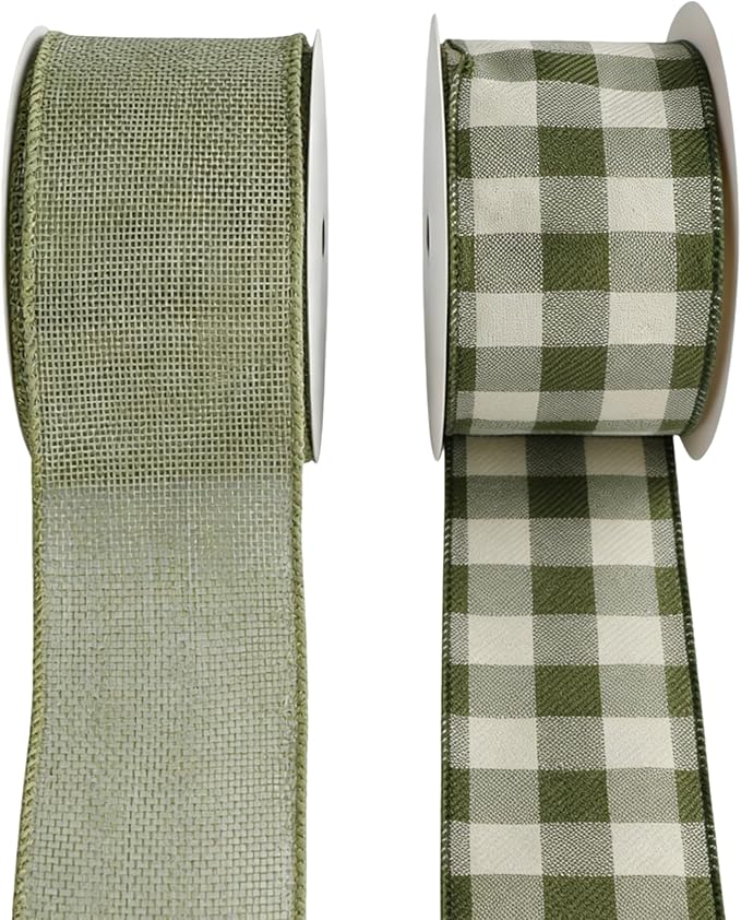 Meseey 2.5 Inch Green Burlap Wired Ribbon Set, 2 Rolls Total 10 Yards Solid Sage Green & Green White Buffalo Check Wired Edge Ribbons for Gift Wrapping, Wreaths, Crafts, Farmhouse Home Decorations