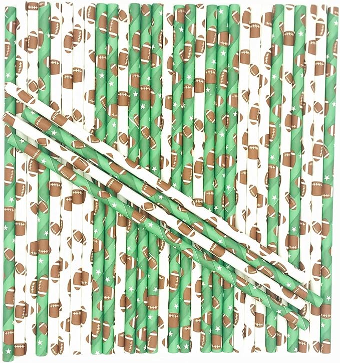 100 pcs Sports Party Paper Straws, Green White Brown Rugby Football Bar Soda Beer Beverage Drinking Straws, Biodegradable Game Day Decor Touch Down Craft Cake Pop Sticks (Football Mixed)