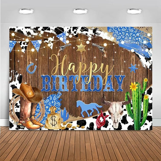 Mocsicka Western Happy Birthday Backdrop Brown Wood Kids Birthday Party Decorations Banner Rustic Old West Rodeo Photography Background Cowboy Party Supplies (8x8ft(96x96 inch), Blue)