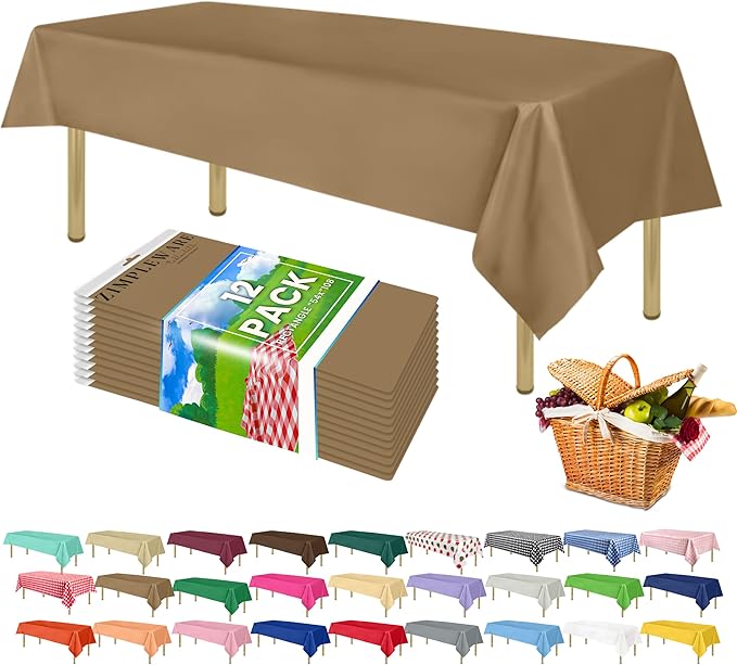ZIMPLEWARE Premium Gold Plastic Table Cloth Disposable (12 Pk) Plastic Tablecloths for Rectangle Tables (54in x 108in) Party Table Cloths Disposable for 6ft to 8ft Rectangle Tables