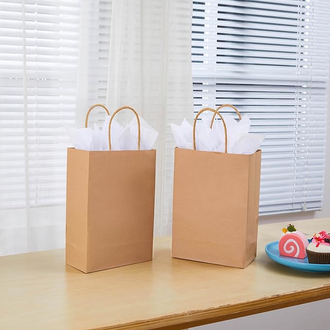 SUNCOLOR 24-Pack Brown Kraft Paper Gift Bags with Handles, 7.9x5.12x3.15 Inches, Small Paper Bags Includes Tissue Paper for Parties, Weddings, Shopping