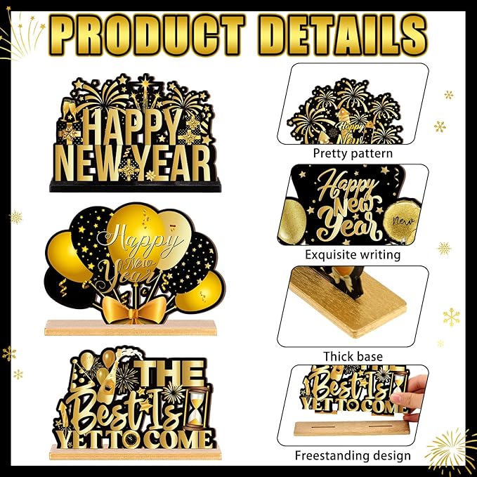 Marsui 12 Pcs Happy New Year Wooden Table Decorations 2026 New Year Table Centerpiece Tiered Tray Home Decor Signs Party Decorations for Party Supplies