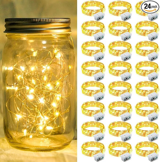 24 Pack Fairy Lights 7Ft 20 LED Twinkle String Lights 3 Modes Battery Operated Waterproof Firefly Starry for Mason Jar Wedding Birthday Party Table Centerpieces Bedroom Christmas,Warm White