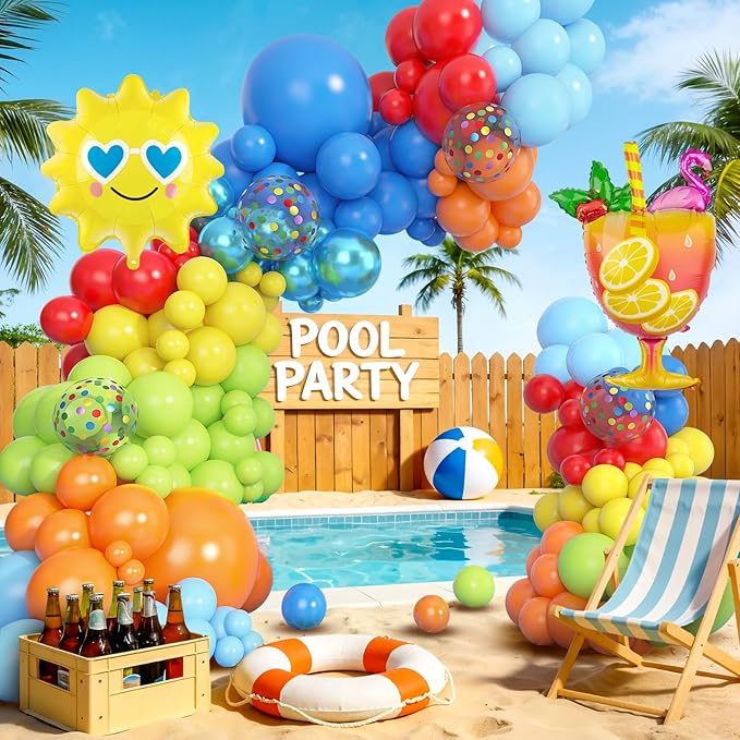 Amandir 165Pcs Summer Beach Pool Party Balloons Decorations Splash Tropical Balloon Arch Garland Kit, Foil Wine Glass Sun Colorful Balloons for Hawaiian Luau Holiday Swimming Birthday Party Backdrop