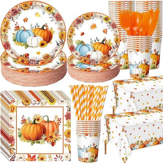 Potchen 452 Pcs Party Supplies Serve 50 Guests, Paper Plates Napkins Cups Cutlery Plastic Tablecloth Dinnerware for Birthday Wedding Party Decoration(Colored, Pumpkin and Leaf)