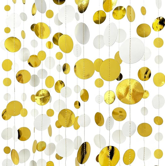 46 Feet White and Gold Circle Dots Garland Hanging Paper Polka Dots Streamer for Birthday Bachelorette Engagement Anniversary Wedding Baby Bridal Shower Christmas Holiday Party Decorations Supplies