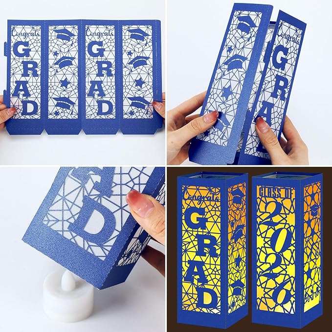 Rossesay 12 Pcs Graduation Table Centerpieces Boxes Class of 2026 Graduation Lanterns for Centerpieces with LED Candles Congrats Grad School College Photo Props for Party Table Decoration (Blue)